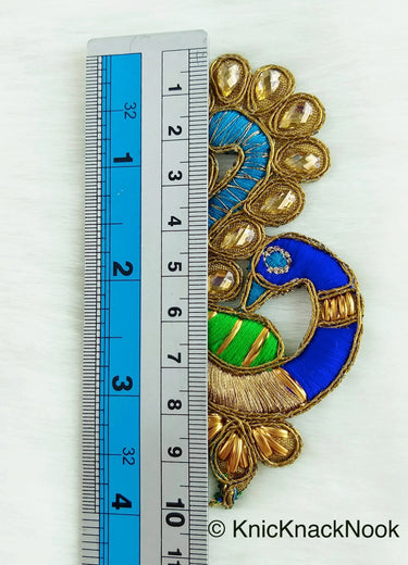 Cutwork Peacock Applique, Embroidered Peacock Applique with Bead Embellishments Blue, Green And Antique Gold